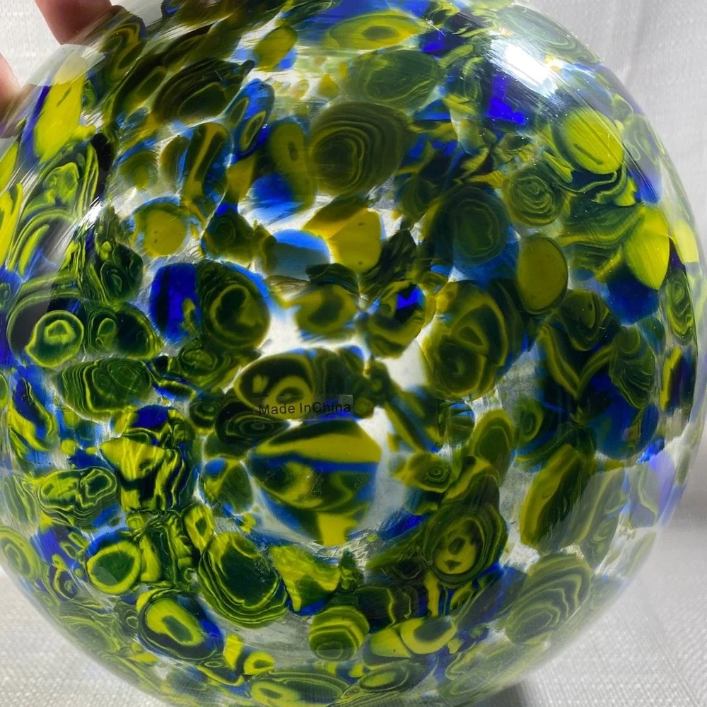 Hand Blown Art Glass Vase Round Confetti Swirl Green Yellow Blue 7 Inch